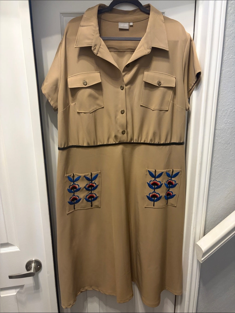 eshakti Tan Shirt Midi Dress with Blue Floral Patch Pockets